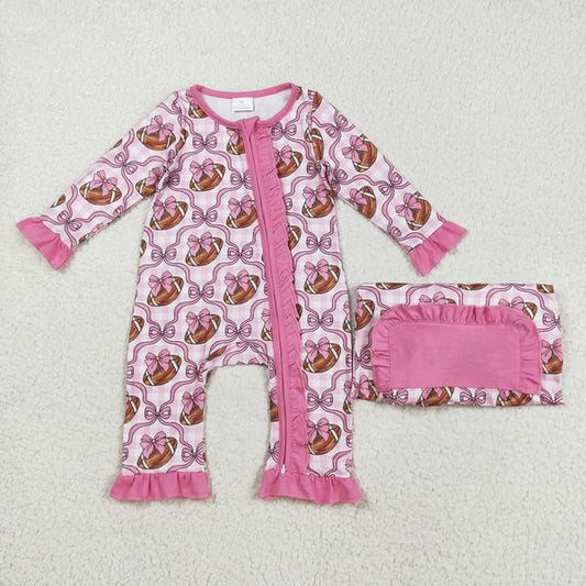 8.18 LR2361 Baby Girls Long Ruffle Sleeves Pink Bows Footballs Zipper Romper