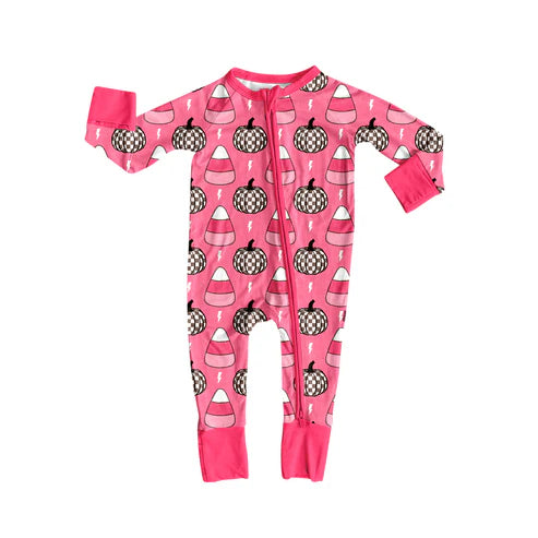 7.26 LR2467 Baby Girls Long Sleeves Plaid Pumpkins Candy Zipper Pant Rompers Preorder