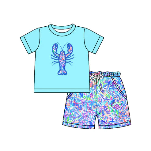 4.16 BSSO1479 Baby Boys Blue Short Sleeves Floral Crayfish Top Pockets Short Set Preorder