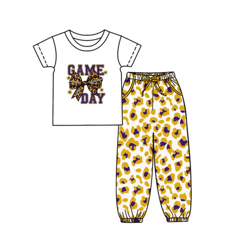 10.9 Custom Moq 5 Baby Kids Game Day Team Top Purple Gold Leopard Pants Clothes Sets