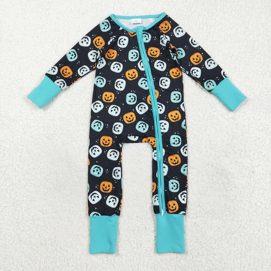 8.18 LR2465 Baby Boys Long Sleeves Colorful Ghost Pumpkins Zipper Pant Romper