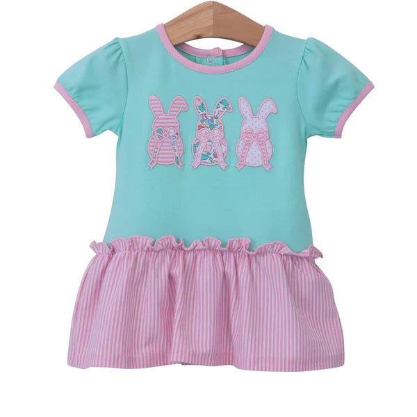 9.27 SR3231 Baby Girls Aqua Easter Rabbits Ruffle Bummies Rompers Preorder