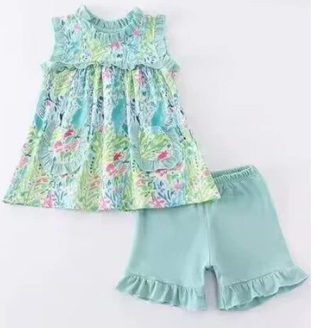 5.13 Girls Pattern Teal Lace Pocket Sleeveless Shorts Set