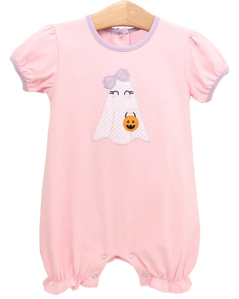 8.5 SR3205 Baby Girls Pink Ghost Pumpkins Ruffle Short Halloween Rompers Preorder