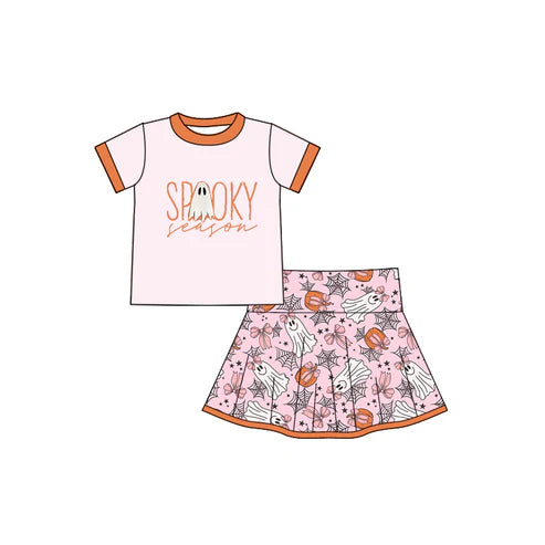 7.28 GSD2774 Baby Girls Peach Short Sleeves Spooky Top Ghosts Bows Plaid Skirts Set Preorder