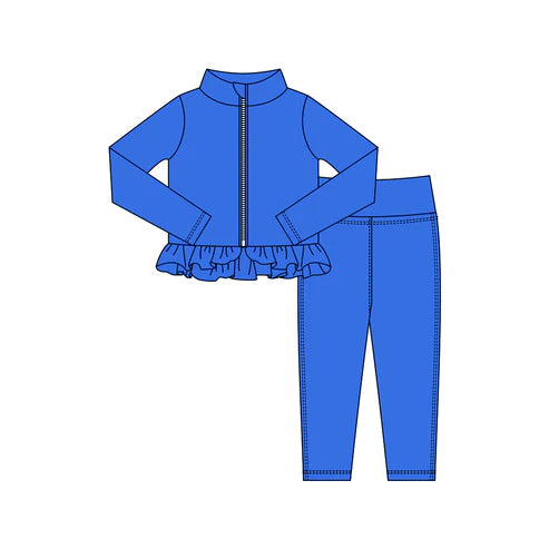 10.24 GLP3012 Baby Girls Hot Blue Zipper Jackets Ruffle Top Leggings Yoga Clothes Sets Preorder