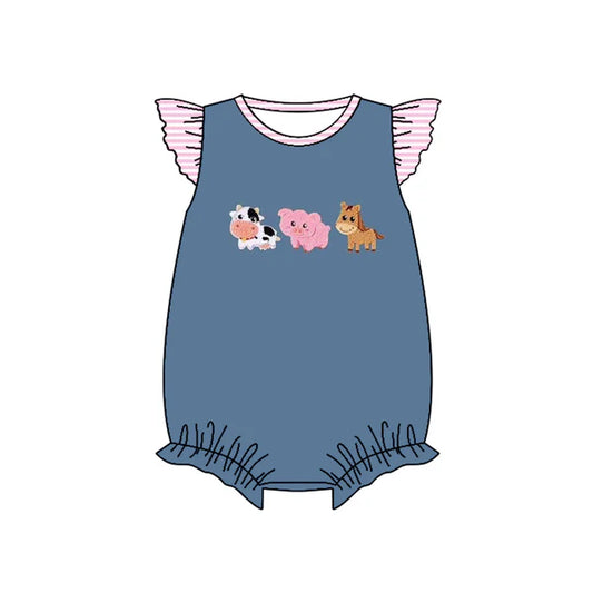 L-3.4 SR2723 Baby Infant Girls Blue Farm Animals Flutter Sleeve Rompers preorder