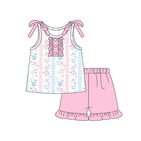 6.14 GSSO2639 Baby Girls Sleeveless Pink Flowers Stripe Button Tunic Ruffle Short Set Preorder