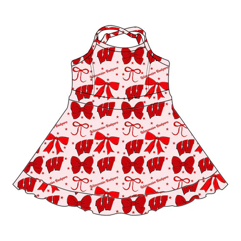 7.2 Custom Moq 3 Baby Girls Strap Wisconsin Bows Plaid Short Ruffle Team Knee Length Dresses