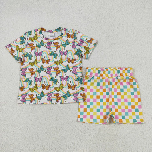5.27 GSSO2615 Baby Girls Short Sleeves Butterfly Rainbows Top Colorful Plaid Short Pajamas Set