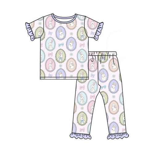 10.21 GSPO2099 Baby Girls Colorful Bows Colorful Top Ruffle Pants Easter Pajamas Sets Preorder