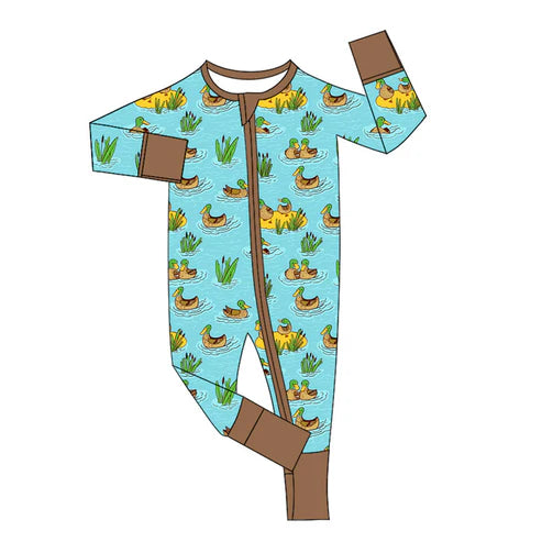 8.6 LR2523 Baby Boys Long Sleeves Ducks Plaid Zipper Footie Rompers Preorder