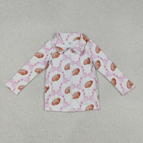 9.6 GT1088 Baby Girls Long Sleeves Pink Bows Footballs Plaid Zipper Pockets Yoga Jacket Top