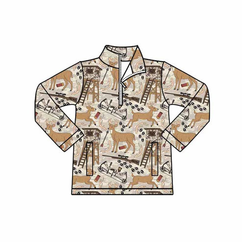10.22 BT1397 Baby Boys Khaki Long Sleeve Deer Hunting Pockets Zipper Pullovers Top