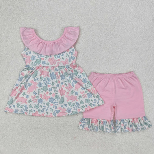 3.15  GSSO1881 Baby Girls Pink Easter Rabbits Tunic Ruffle Shorts Clothes Set