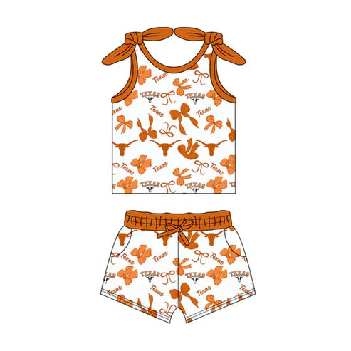 8.9 Custom Moq 5 Baby Girls Orange Texas Bows Plaid Top Pockets Shorts Team Set