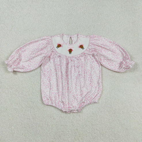 9.17 LR2184 Baby Infant Girls Smocked Embroidery Pink Long Ruffle Sleeves Floral Turkey Smocked Romper