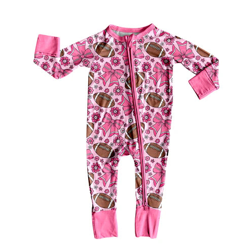 8.7 LR2559 Baby Girls Pink Bows Flowers Footballs Team Zipper Footie Rompers Preorder