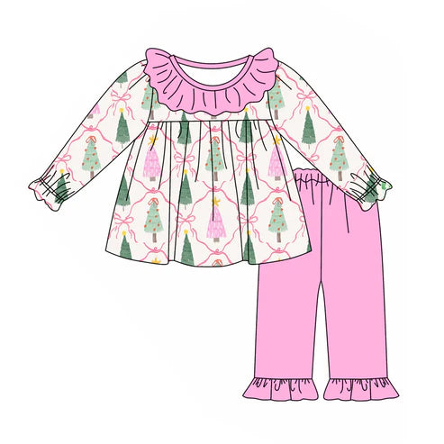 6.6 GLP2420 Baby Girls Long Sleeves Trees Bows Plaid Tunic Ruffle Pant Set Preorder