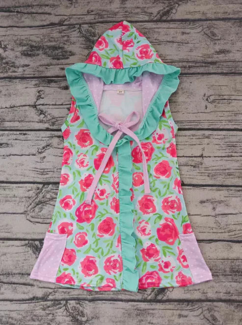 5.2 Custom Baby Girls Sleeveless Pink Floral Zipper Pockets Hoodies Knee Length Dress(MOQ 3)