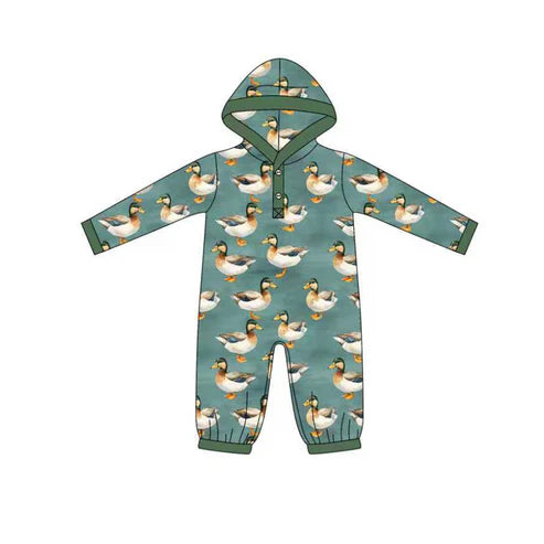 9.2  LR2618 Baby Boys Green Button Ducks Plaid Hoodie Footie Rompers Preorder