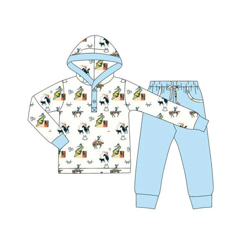9.9 Custom Moq 5 Baby Boys Blue Horse Rodeos Button Hoodie Pockets Jogger Western Clothes Sets