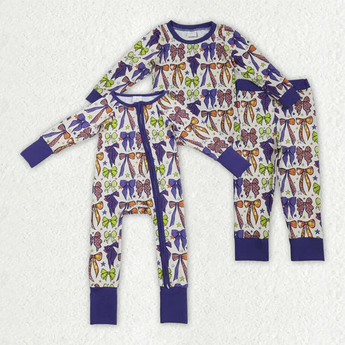 8.16 Sibling Baby Kids Purple Bows Stars Plaid Pajams Sets Zipper Footie Rompers