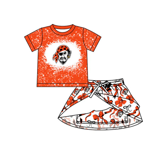7.9 Custom Moq 3 Baby Girls Orange Short Sleeves Pirates Top Bows Skorts Team Sets