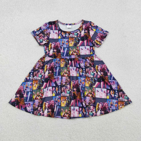 10.8 GSD2918 Baby Girls Short Sleeve Cartoon Girls Checked Knee Length Dress