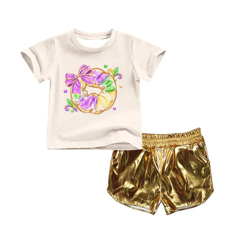 9.30 GSSO2716 Baby Girls Bow Anchor Donuts Top Yellow Leather Shorts Mardigras Clothes Sets Preorder