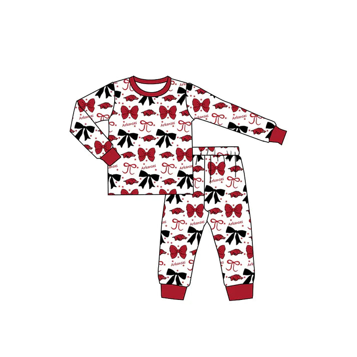 9.5 Custom Moq 5 Baby Girls Red Arkansas Team Bows Top Pants Pajamas Sets