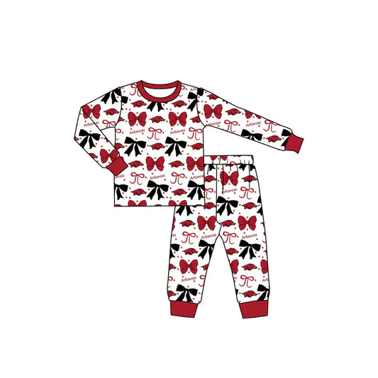 9.5 Custom Moq 5 Baby Girls Red Arkansas Team Bows Top Pants Pajamas Sets