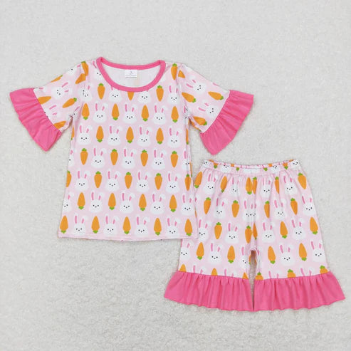 6.17 GSSO0407 Baby Girls Easter Carrot Rabbits Shirt Top Shorts Pajamas Clothing Set