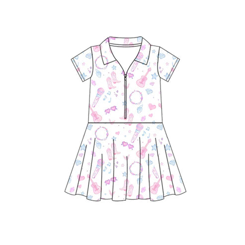 4.17 GSD2409 Baby Girls Short Sleeves Pink Boots Guitars Zipper Knee Length Dresses Preorder