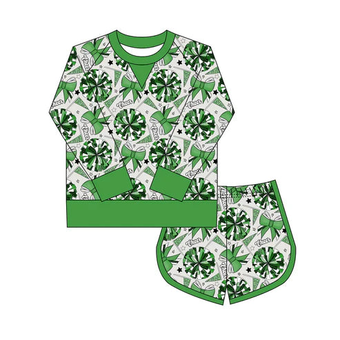 10.15Custom Moq 8 Baby Girls Green Bows Go Footballs Long Sleeve Top Shorts Team Clothes Set