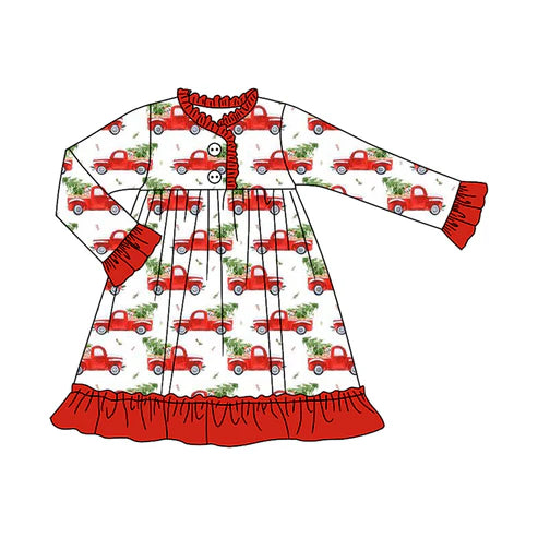 6.27 GLD1166 Baby Girls Long Sleeves Car Trees Button Ruffle Knee Length Dresses Preorder