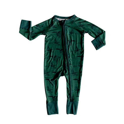 10.6 LR2745 Baby Boys Dark Green Ducks Plaid Zipper Footie Rompers Preorder