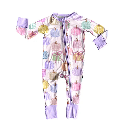 7.29 LR2442 Baby Girls Long Sleeves Colorful Bows Pumpkins Zipper Rompers Preorder