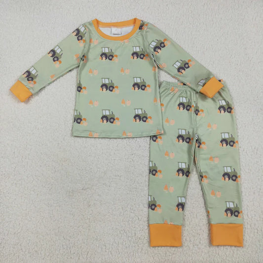 8.2 BLP1142 Baby Boys Green Long Sleeves Pumpkins Trucks Top Pant Pajamas Set