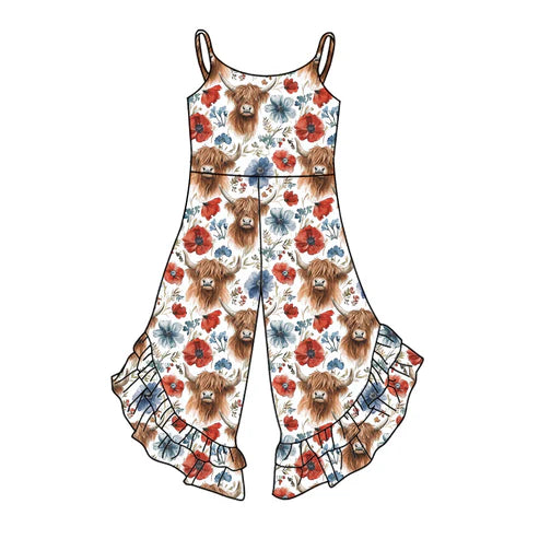 SR2888 Baby Girls 4th Of July Highland Cow Flowers Straps Jumpsuits preorder