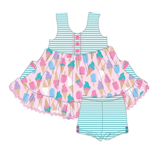 12.23 MOQ：5pcs GSSO2984 pre-order baby girl clothes Ice cream print toddler girl summer outfit