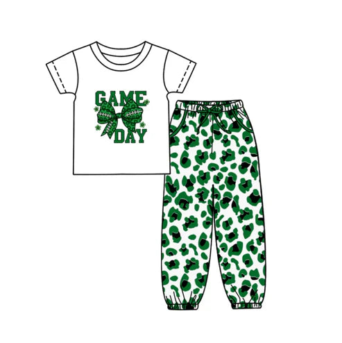 10.9 Custom Moq 5 Baby Kids Game Day Team Top Green Leopard Pants Clothes Sets