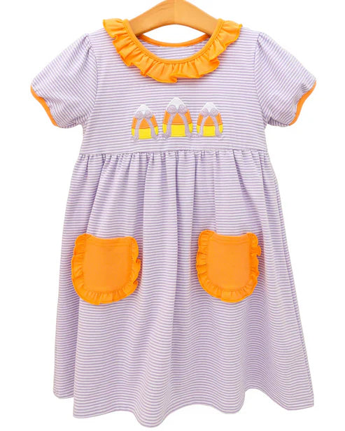 8.6 GSD2791 Baby Girls Lavender Stripe Bows Candy Pockets Thanksgiving Knee Length Dresses Preorder