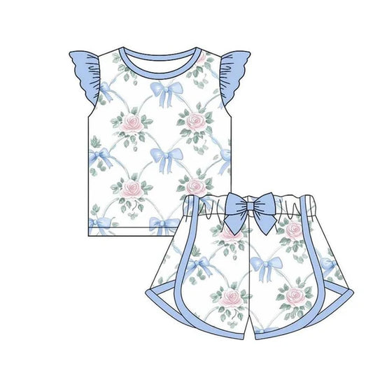 4.4 GSSO2483 Baby Girls Flutter Sleeves Bows Floral Top Short Set Preorder