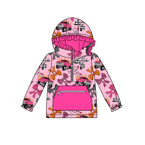 7.28 GT1118 Baby Girls Long Sleeves Bows Cars Plaid Pockets Zipper Hoodies Top Preorder