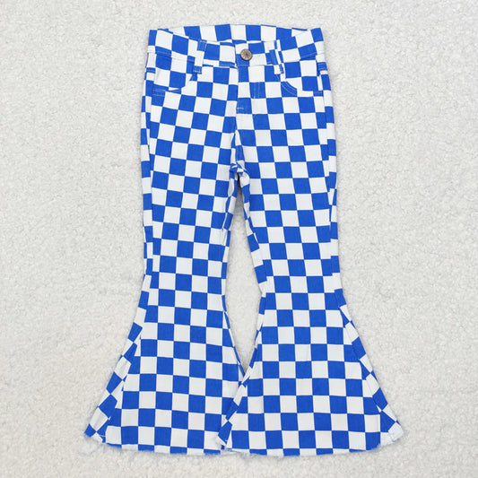 L-3.7 P0610 Baby Girls Blue Checkered Fall Bell Flare Denim Pants