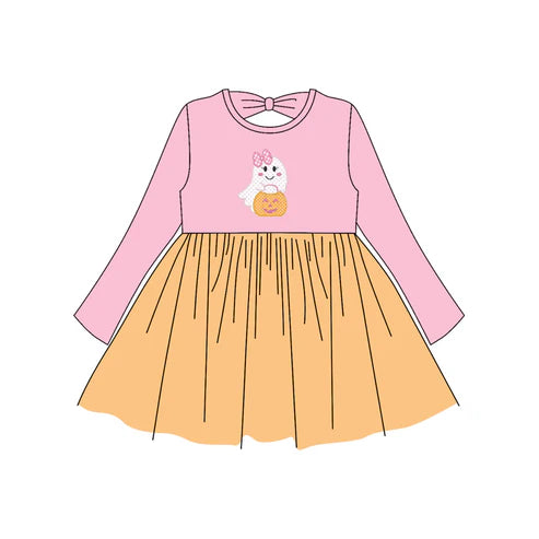 6.27 GLD1163 Baby Girls Pink Long Sleeves Ghost Pumpkins Knee Length Dresses Preorder
