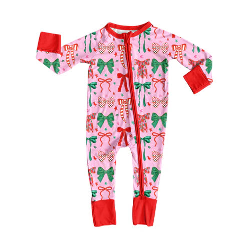 7.26 LR2476 Baby Girls Long Sleeves Green Red Bows Plaid Zipper Pant Rompers Preorder