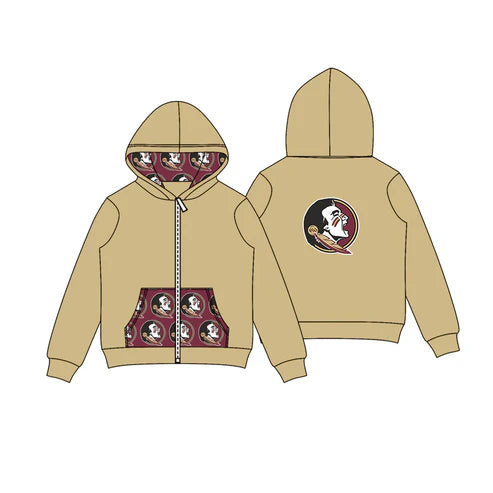 8.11 Custom Moq 5 Baby Boys Khaki FSU Team Pocket Zipper Hoodies Tops