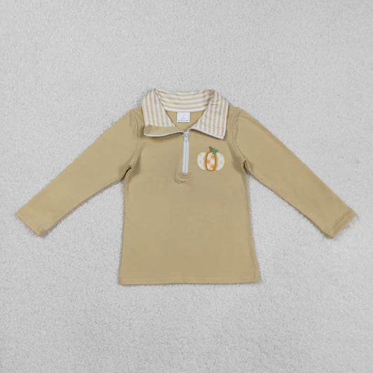 9.3  BT1293 Embroidery Baby Boys Khaki Long Sleeves Pumpkins Zipper Pullover Top